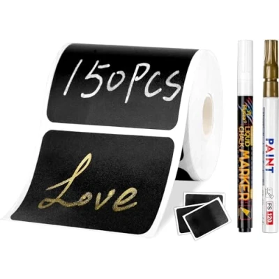 Immagine di Joyoldelf Lot de 150 étiquettes autocollantes Pour tableau noir Réutilisables Imperméables Avec 2 marqueurs effaçables cuisine, pots à épices, confitures, etc. 5,5 x 3,5 cm
