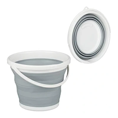 Immagine di Relaxdays Secchio Pieghevole da 10 L, Pieghevole, Recipiente Richiudibile per Casa Automobile e Campeggio, Grigio