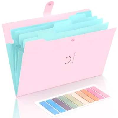 Immagine di Cartellina portadocumenti A4, formato con 200 etichette, 5 scomparti, bottone automatico, per casa, ufficio, scuola e viaggi (rosa)