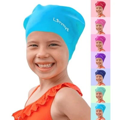 Immagine di Limmys Cuffia Piscina Bambini per Capelli Lunghi, Trecce, Dreadlocks Nuoto 100% Silicone di Qualità Superiore, Elastica e Comoda Disponibile in Diversi Colori (Azzurro)