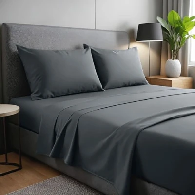 Immagine di gobedreams Set Lenzuola Matrimoniale 4 Pezzi 150x190/200, in Microfibra di Poliestere Spazzolata. Lenzuolo Piatto, con Angoli Regolabili e 2 federe. Colore Grigio Scuro