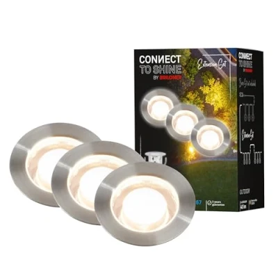 Immagine di Briloner Sistema da giardino Connect to Shine 12V, set di 3 faretti incasso a LED, prolunghe, IP67, luce bianca calda, illuminazione giardino, luci incasso, 30x26 mm, colore argento
