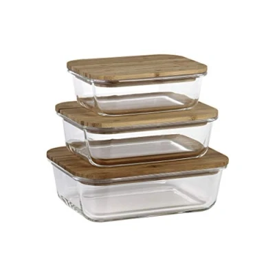 Immagine di Cofan Set da 3 portapranzo rettangolari di vetro borosilicato Modello bambù Coperchio Capacità: 640 1040 1520 ml