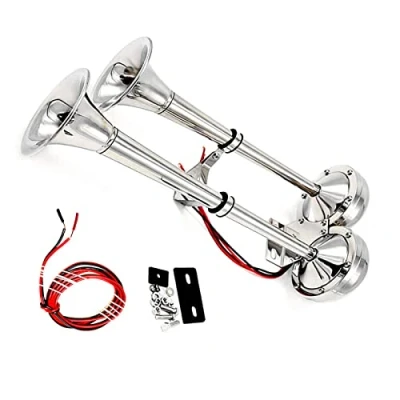 Immagine di YIYIDA Car Horn 24v Clacson per auto Tromba d&#039;aria 160DB barca in acciaio inossidabile Doppio tubo Corno elettrico camion argento 304 Altoparlante yacht RV ecc
