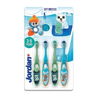 Immagine di Jordan* Step 2 Spazzolino da denti bambini per di età 3 5 anni Setole morbide, doppio manico ergonomico e senza BPA Colore Blu &amp; Verde Confezione 4 unità