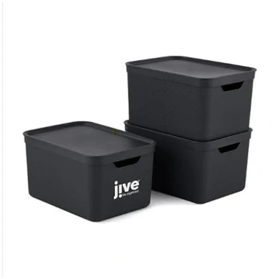 Immagine di Jive Dekobox Set di 3 contenitori da 16 l con coperchio, plastica (PP riciclato), grigio scuro, 3x16l (36,5 x 27 cm)