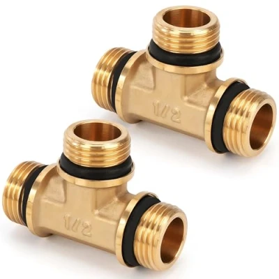 Immagine di Raccordo a T in Ottone, 2 Pezzi 1/2&quot; (Maschio x Maschio Maschio) Filettatura Connettore per Tubi 3 Vie, Raccordi Forma di Acqua, Aria, Olio