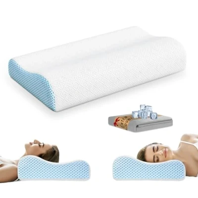 Immagine di PKBD Cuscino in Schiuma Memory con Federa di Ricambio(Seta Ghiacciata Rinfrescante&amp;Cotone), Ortopedico Ergonomico, Sagomato per Dormienti su Fianco, Schiena e Pancia