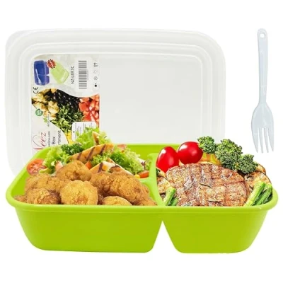 Immagine di NEEZ Lunch Box 3 Scomparti Porta Pranzo con Cucchiaio (1400ml), Schiscetta Contenitore per Ufficio, Scuola &amp; Università, Adatto al Microonde, Merenda Senza BPA (Verde)