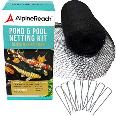 Immagine di AlpineReach 4,5m x 6m Rete per Stagno e Laghetto, Tessuta Extra Resistente Picchetti in Acciaio, Protegge i Pesci Koi dagli Uccelli Gatti Predatori UV, Robusta Maglia Fine, Riutilizzabile, Nero