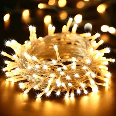 Immagine di BrizLabs 100 LED Catena Luminosa Interno, 15M Luci Natalizie Bianco Caldo 8 Modalità Impermeabile Stringa Esterno Cavo Trasparente per Giardino, Albero di Natale, Matrimonio, Festa