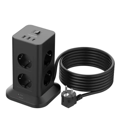 Immagine di TESSAN 8 Prese Ciabatta Multipresa con USB, Elettrica Prolunga 5 Metri, Verticale Protezione Sovratensione, 3600W Interruttore, Nera