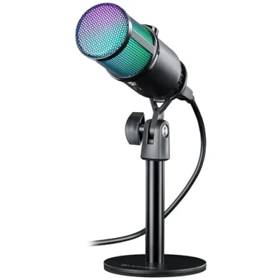Immagine di microfono da gioco PC RGB con supporto, Defender®, per streaming Podcast Studio, USB PC, jack cuffie 3,5 mm, tavolo compatibile Windows MacOS Laptop Desktop..