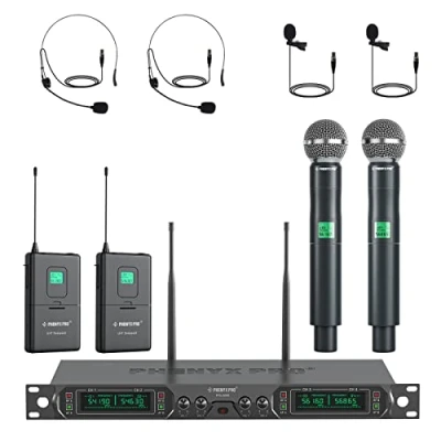 Immagine di Phenyx Pro Sistema microfonico wireless UHF a 4 canali, microfono frequenza fissa con mano/Bodypack/Cuffia/Microfoni da bavero per chiesa, karaoke, canto, DJ (PTU 5000B)