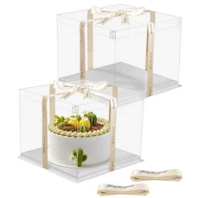Immagine di Azyvum 2 Pezzi Scatola per Torta Trasparente,da Regalo in Plastica con Coperchio, a Doppio Strato,Regalo Coperchio Base e Nastro Scatole Dolci da Forno (8 Zoll)