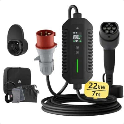 Immagine di Cavo Ricarica Auto Elettrica Tipo 2 CEE 22kW [Trifase 7m 6 32A] con Adattatore Schuko, dé Caricatore 2, LCD Controllo Digitale Compatibile Model Y/3, 500e e Altri EV/PHEV
