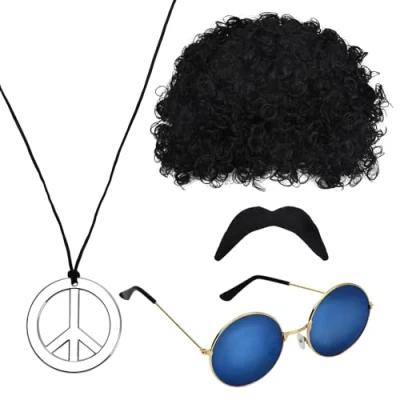 Immagine di volumoon Set di Costumi Hippie Accessories, Parrucca Afro, Funky Occhiali Sole, Collana con Segno Pace, Baffi Fint, 4 Pezzi Uomo, per Festa a Tema Anni 50/60/ 70