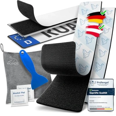 Immagine di ROADZ® Portatarga in velcro Supporto per targa senza telaio resistente alle intemperie Set di 2 supporti invisibile 1 veicolo auto (XL)