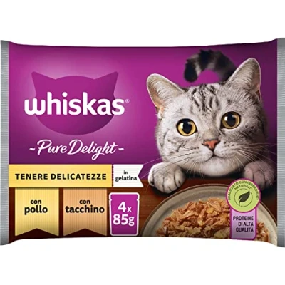 Immagine di Whiskas Pure Delight Tenere Delicatezze, 1+ Anni, Cibo Umido per Gatto, 13 Confezioni ognuna da 4 Bustine 85g (52 in Totale)