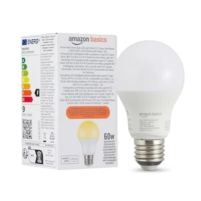 Immagine di Amazon Basics Lampadina LED intelligente A60, dimmerabile, attacco E27, bianco caldo, WiFi da 2,4 GHz, 8.5 W, compatibile solo con Alexa, 1 confezione