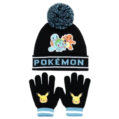 Immagine di Pokemon Set berretto e guanti invernali caldi comodi per ragazzi Design Pikachu Perfetto da 6 a 12 anni regalo Nero/Blu