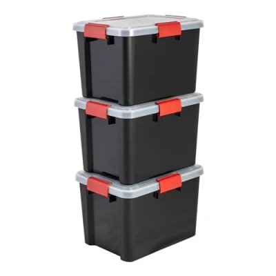 Immagine di Iris Ohyama, Scatole Portaoggetti Ermetiche in Plastica, 20L, Set di 3, Nero, Coperchio Impermeabile, con Chiusura, Impilabile, Per Esterni, Garage, Vestiti, Antipolvere, Senza BPA, DDAT SD