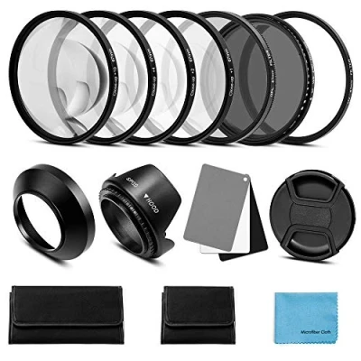 Immagine di Tutti lente filtro kit accessori: UV CPL ND regolabile (nd2 nd400), macro Close Up Filter set (+ 1, + 2, 4, 10), paraluce, Hot Shoe Cap ,3 in 1 Digital grigio bilanciamento del bianco card