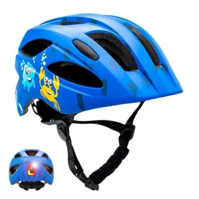 Immagine di Crazy Safety Casco da Bici per Bambini 6 12 Anni Sea Bicicletta, Skateboard, MTB e Pattini a Rotelle con Fanale Ricaricabile Monopattino Regolabile 54 58 cm (Blu)