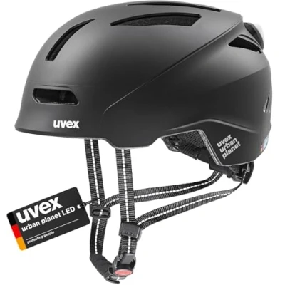 Immagine di uvex urban planet LED, casco da ciclismo robusto unisex, con luce a LED integrata, regolazione individuale delle dimensioni, 58 61 cm, Nero opaco