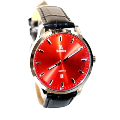 Immagine di Rötting Design Orologio da uomo al quarzo della collezione quadrante rosso data cinturino in pelle nera, argento, Classico