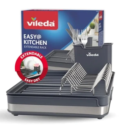Immagine di Vileda Scolapiatti Design salvaspazio con portaposate Ripiano estraibile antiruggine e durevole perfetto per piatti, bicchieri altre posate