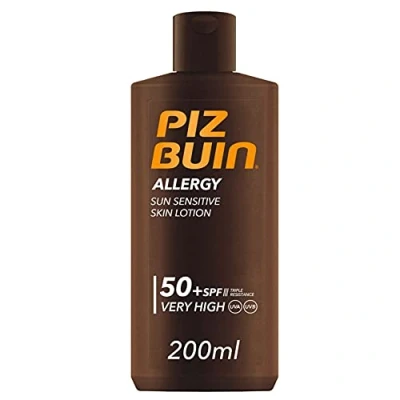 Immagine di PIZ BUIN Allergy Latte solare SPF 50+, Crema 50+ per pelli delicate e sensibili al sole, Protezione con filtro UVA/UVB, resistente all&#039;acqua, 200 ml