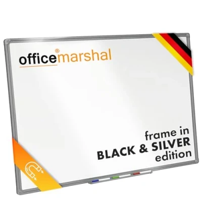 Immagine di OfficeMarshal lavagna magnetica con cornice in alluminio, 60 x 90 cm, colore argento, portapenne, magnetica, lavabile a secco (cornice argentata)