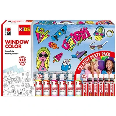 Immagine di Marabu Kids Window Color Party 0306000000101 Set di vernice per finestre, 6 flaconi x 80 ml e 25 ml, 10 pellicole da pittura 4 modelli pittura, a base d&#039;acqua, superfici lisce