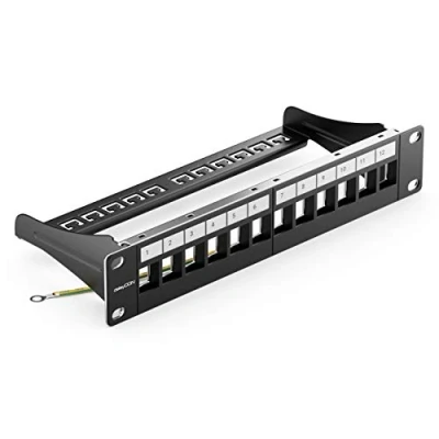 Immagine di deleyCON 12 Porte Patch Panel Pannello Modulare per Moduli Keystone 1HE (1U) 10 Pollici Montaggio Rack CAT5 CAT6 CAT7 CAT8 Compatibile LAN Rete Nero
