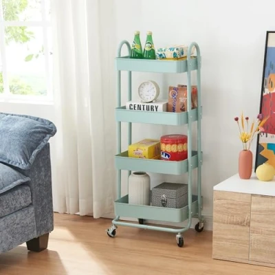 Immagine di [en.casa] Carrello da Stoccaggio in Acciaio con 4 Contenitori Sovrapposti e Ruote Organizzatore Multiuso per Casa Ufficio Garage Menta Verde