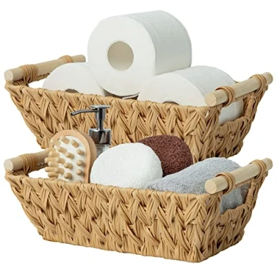 Immagine di Wicker Storage Baskets, Pack of 2 Baskets for Storage, Handwoven Basket Organising, Small with Handles, Waterproof Boxes, Nature
