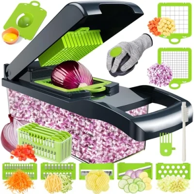 Immagine di Taglia Verdure,Mandolina per Verdure 16 in 1,Tagliaverdure Multifunzione con 7 Diversi di Sostituibile Lama,Affetta Manuale,Tagliaverdure Manuale Pomodori,Carote,Patate,Aglio,Cipolla
