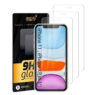 Immagine di UNO&#039; 3 unità di protezione dello schermo per iPhone 11/XR (6,1&quot;). anti impronta, graffio, durezza superficiale 9H, senza bolle, ultra resistente, trasparente.