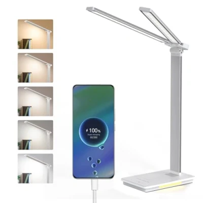 Immagine di LENDOO Lampada Scrivania Led, Luce Doppia Testa Batteria 2000 mAh/Porte USB, 5 Modalità Colore, Lettura Dimmerabile, Tavolo Touch, Piccola Notturna Integrata Per Camera