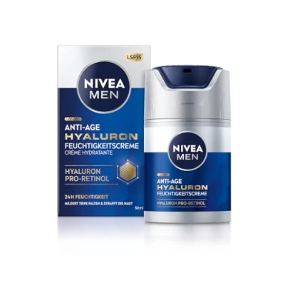 Immagine di NIVEA MEN crema idratante ialuronico anti età, cura del viso con acido ialuronico, pro retinolo e SPF 15, per 24 ore di umidità rughe visibili (50 ml)