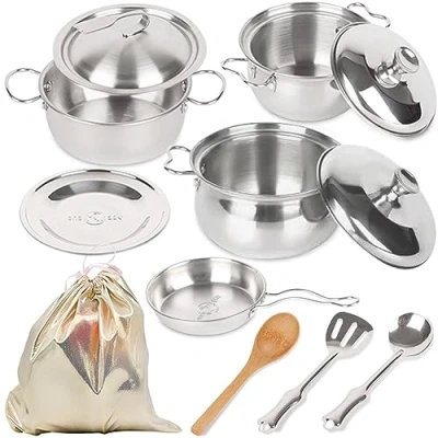 Immagine di Accessori da cucina per bambini con pentole e padelle, mini giocattoli in acciaio inox, utensili custodia ragazze ragazzi