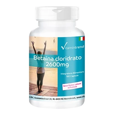 Immagine di Betaina HCl in polvere incapsulata 2600mg 180 capsule Per 45 giorni Vegan Altamente dosato Vitamintrend®