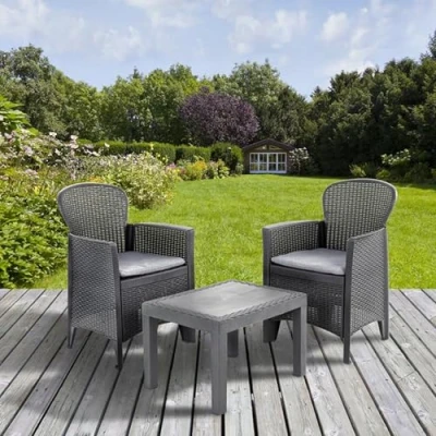 Immagine di Dmora Set salotto da esterno Foggia, Composizione giardino con 2 poltrone ed 1 tavolino, Salottino effetto rattan cuscini, 100% Made in Italy, Antracite