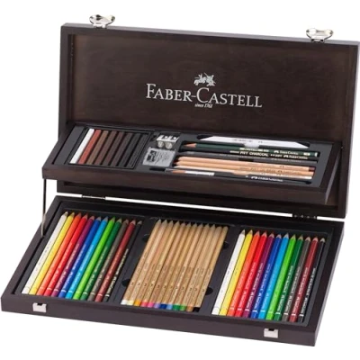 Immagine di Faber Castell 110084 Astuccio in legno Art &amp; Graphic Compendium, 53 pezzi, con 12 matite colorate, acquerellabili, Pitt Pastels