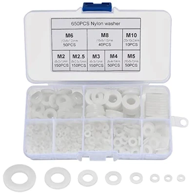 Immagine di 650 rondelle in nylon, distanziali plastica bianca, piatte, assortite, per rubinetto, guarnizioni, anelli idraulici, viti, bulloni 5 20 mm, M2/M2.5/M3/M4/M5/M6/M8/M10