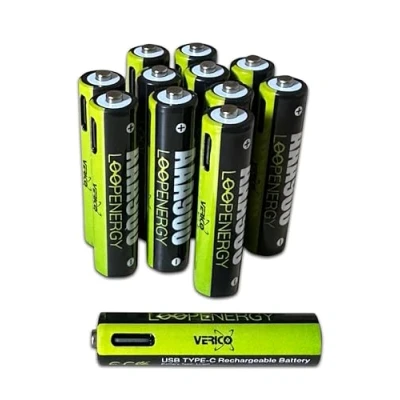 Immagine di VERICO LoopEnergy AAA 900 Batteria ricaricabile USB C 1,5 V, mWh (600 mAh), ricarica rapida tramite connettore in circa 2 ore, confezione da 12 AAA, 3 cavi a 4