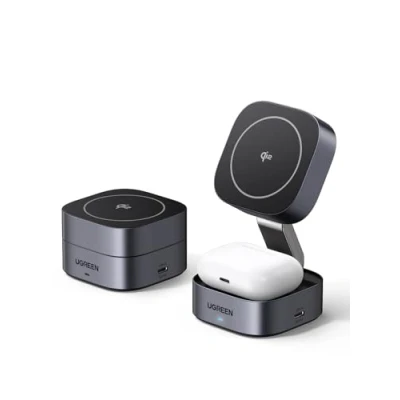 Immagine di UGREEN MagFlow Qi2 Caricatore Wireless 15W per iPhone, Stazione di Ricarica 2 in 1 Cuffie, iPhone Magsafe Compatibile con 16/15/14/13/12 Serie, AirPods Pro 2, 3