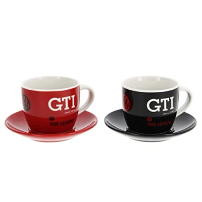 Immagine di Brisa VW Collection Volkswagen set di 2 Tazzine da caffè espresso in porcellana con piattini abbinati, Golf GTI design (GTI The Legend/Rosso &amp; Nero)