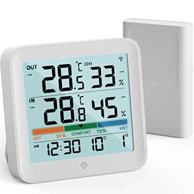 Immagine di VOCOO Termometro Igrometro Wireless Digitale per Interno Esterno,Monitor di Umidità Misuratore Temperatura e con 1 Sensori Remoti,Retroilluminazione, Icona Comfort Tendenza, 100m Range